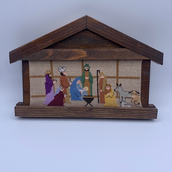 Vintage | Holiday | Vintage Cross Stitch Nativity Christmas Scene Wood